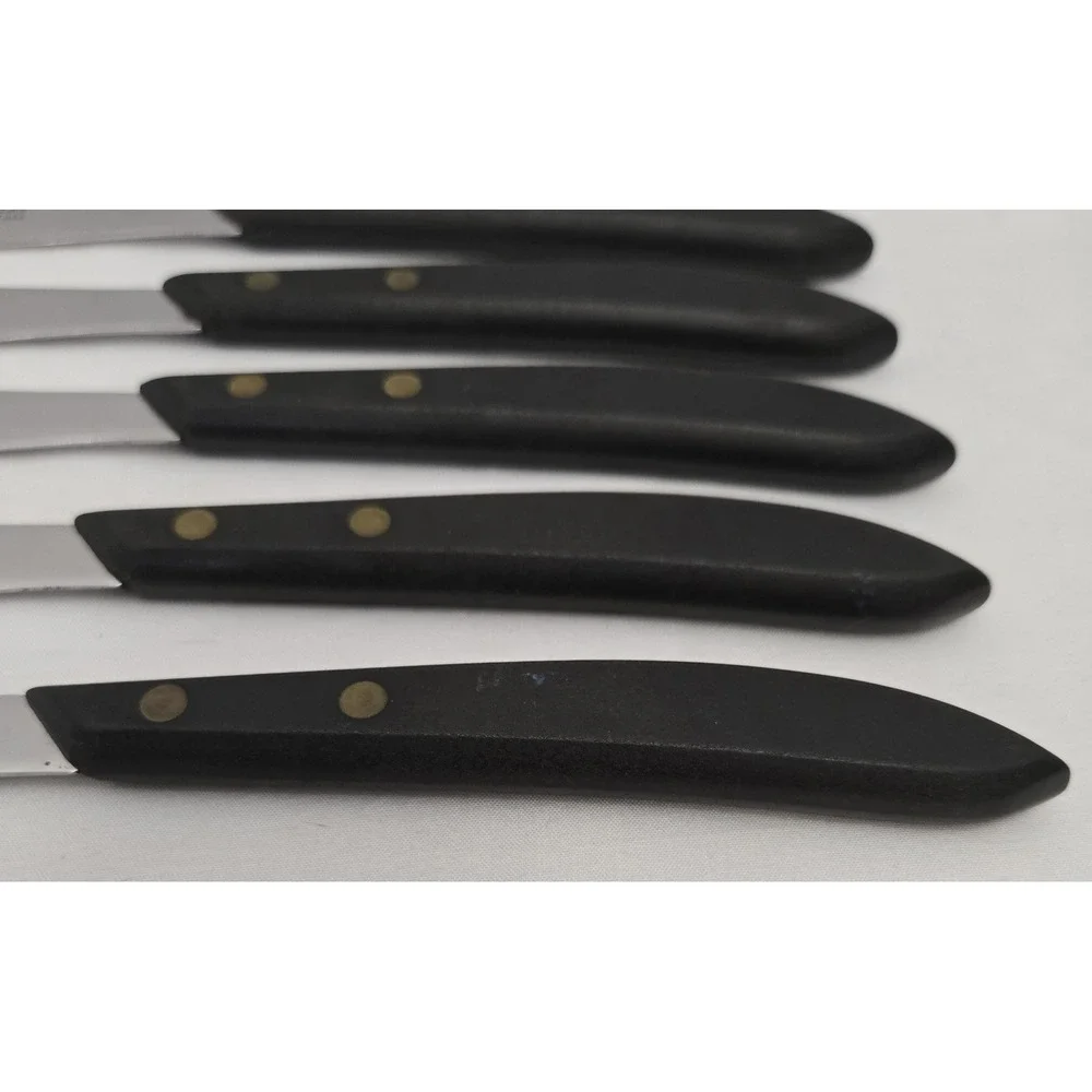 Vtg Stanley Stainless USA Steak Knives Set of 5 Black Composite Handles Serrated